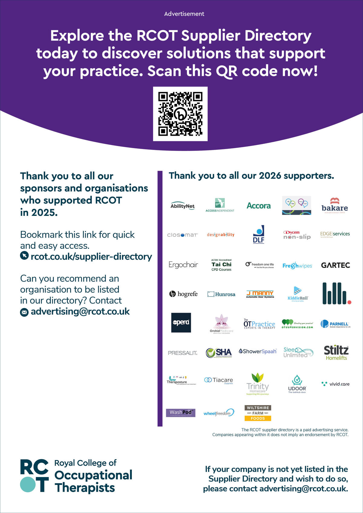 RCOT Supplier Directory advert