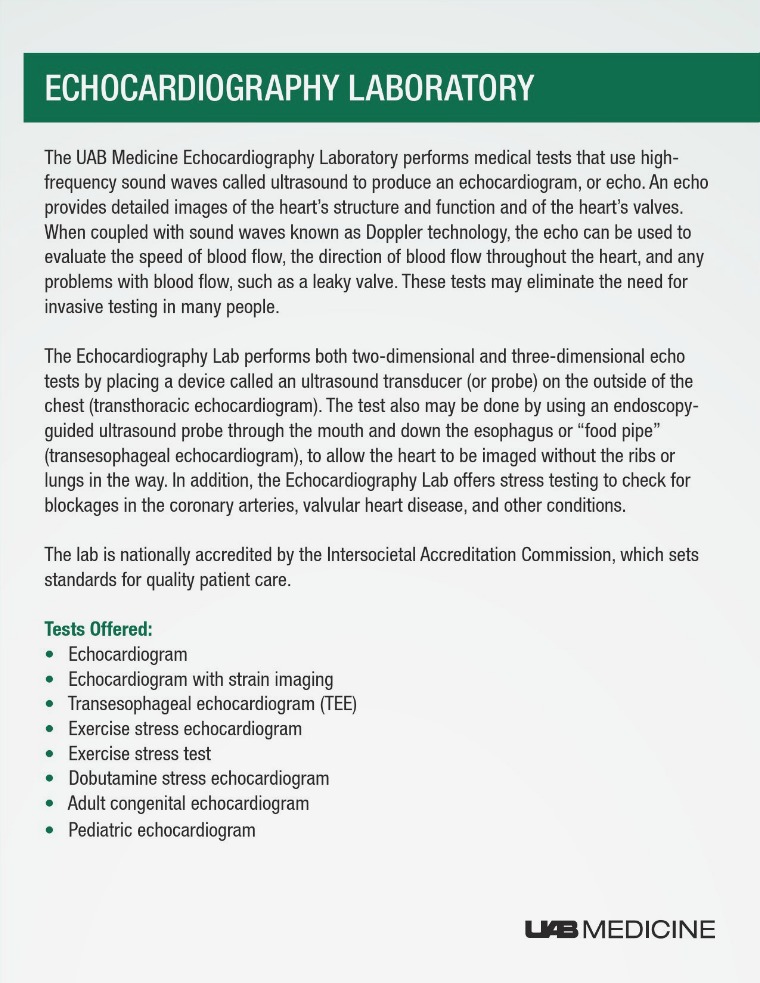 Exams Performed in the Echocardiography (ECHO) Lab Echocardiography (Echo) Lab