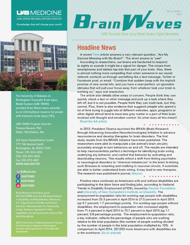 Brain Waves: UAB Traumatic Brain Injury Model System Newsletter Volume 13 | Number 1