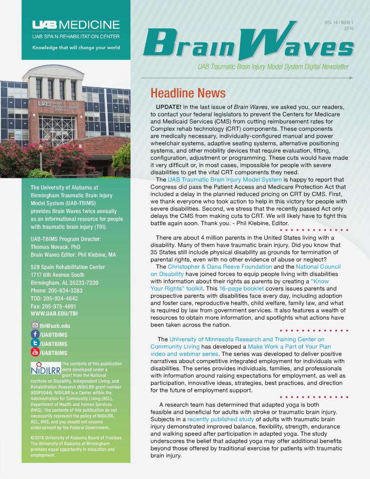 Brain Waves: UAB Traumatic Brain Injury Model System Newsletter Volume 14 | Number 1