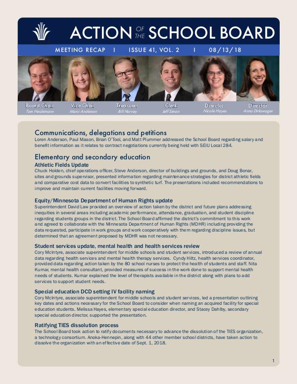 Action of the School Board 08/13/18