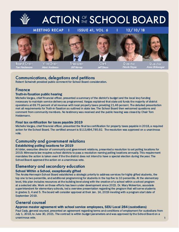 Action of the School Board 12/10/2018