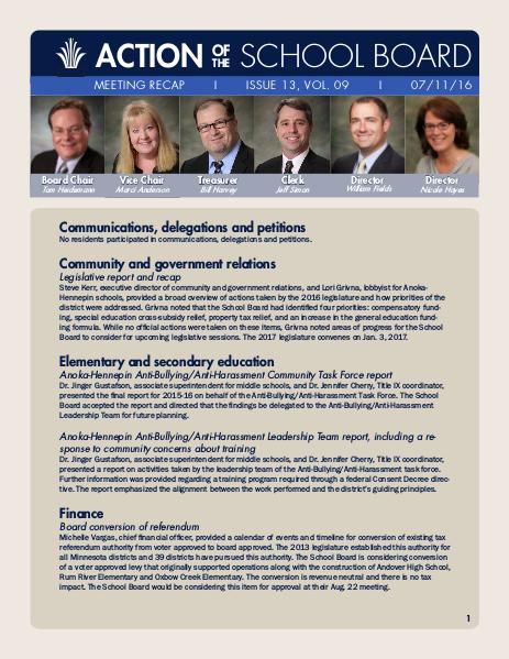 Action of the School Board 07/11/16