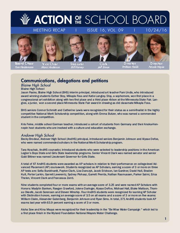 Action of the School Board 10/24/16