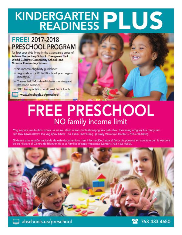 Community Education program brochures Kindergarten Readiness Preschool PLUS: 2017-18