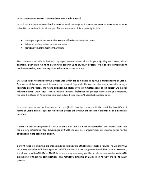 LASIK Surgery and SMILE- A Comparison  - Dr. Kevin Niksarli May 2014