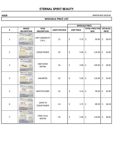 Eternal Spirit Beauty - English Wholesale Price List