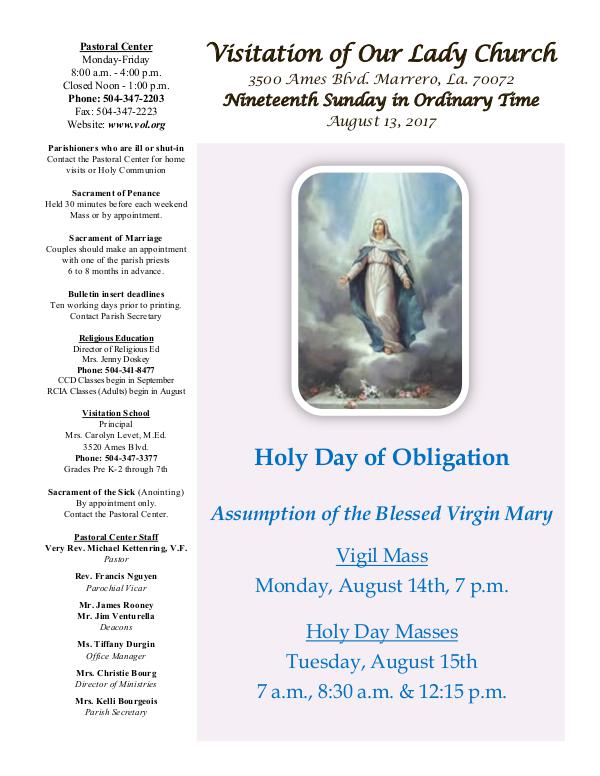 VOL Parish Weekly Bulletin August 13, 2017