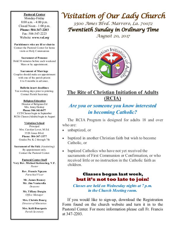 VOL Parish Weekly Bulletin August 20, 2017