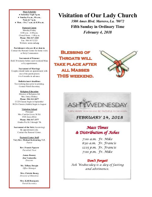 VOL Parish Weekly Bulletin February 4, 2018