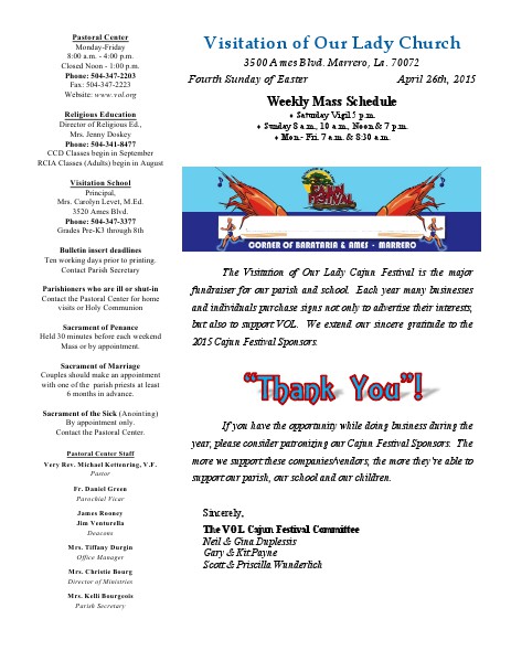 VOL Parish Weekly Bulletin April 26, 2015