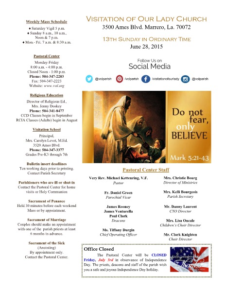 VOL Parish Weekly Bulletin June 28, 2015