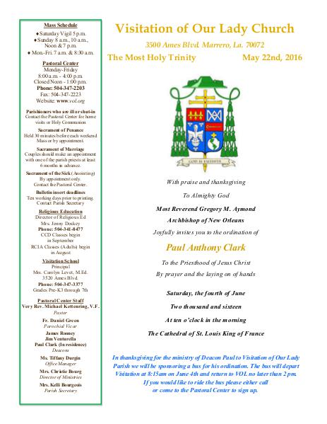 VOL Parish Weekly Bulletin May 22, 2016