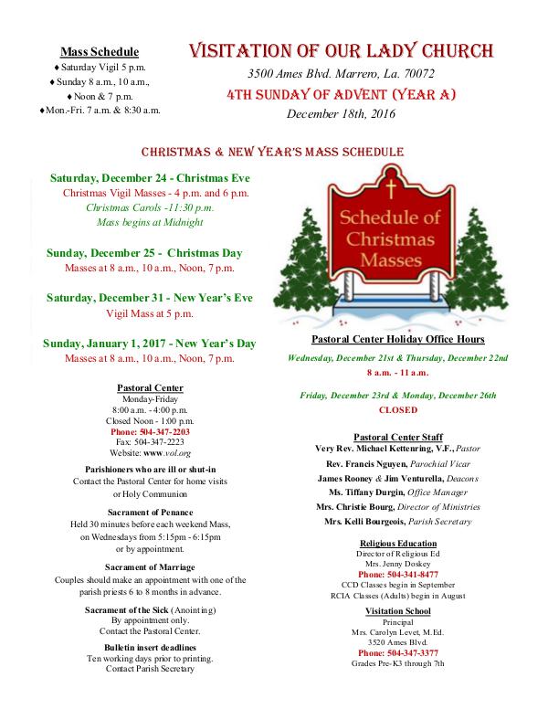 VOL Parish Weekly Bulletin December 18, 2016