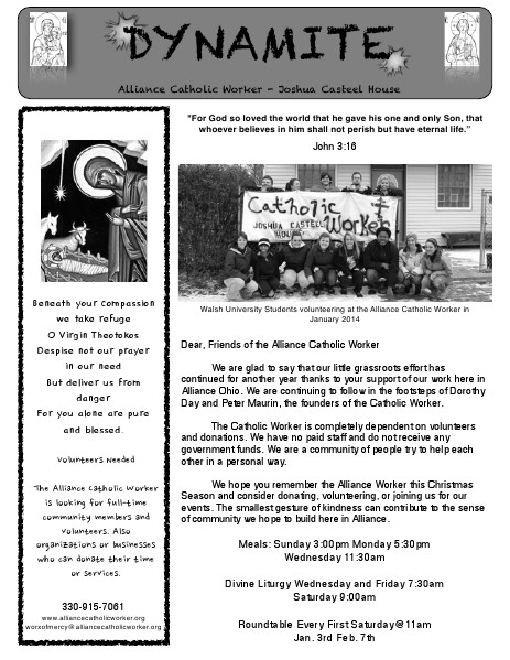 Dynamite - Alliance Catholic Worker Newsletter Christmas Letter 2014