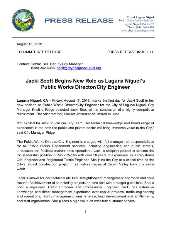 Press Releases Jacki Scott new PW Director/City Engineer