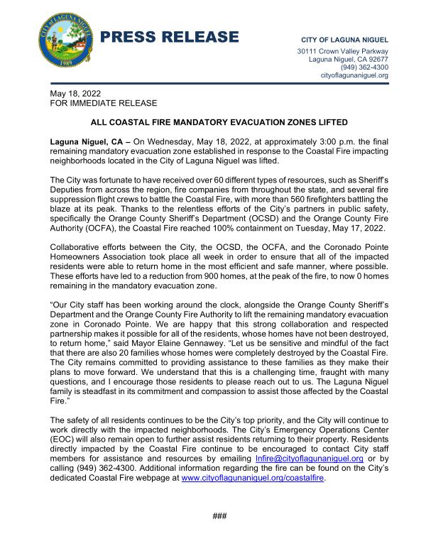 2 Press Release - All Coastal Fire Mandatory Evacuation Zones Lifted