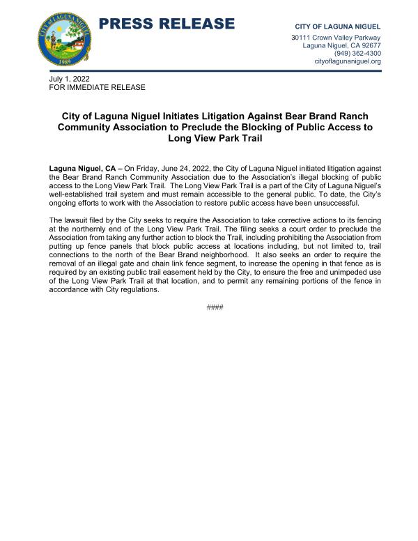 Litigation Against Bear Brand Ranch Community Association to Preclude the Blocking of Public Access to Long View Park Trail