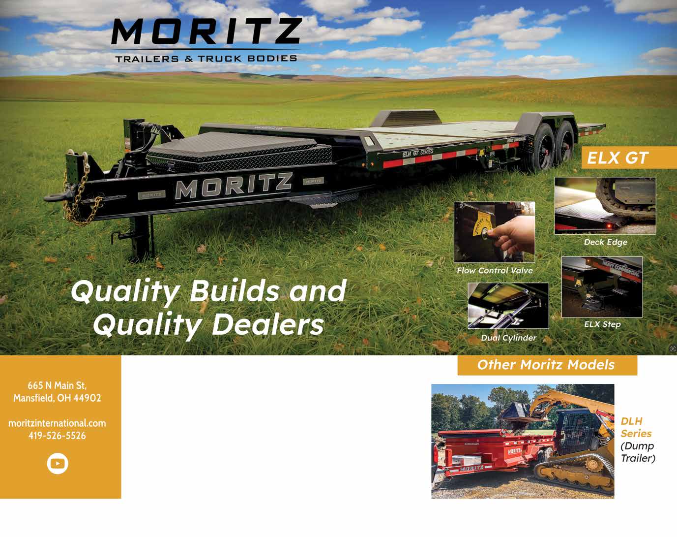 Moritz ELX GT Trailer highlighting key features like Flow Control Valve, Dual Cylinder, Deck Edge, and ELX Step