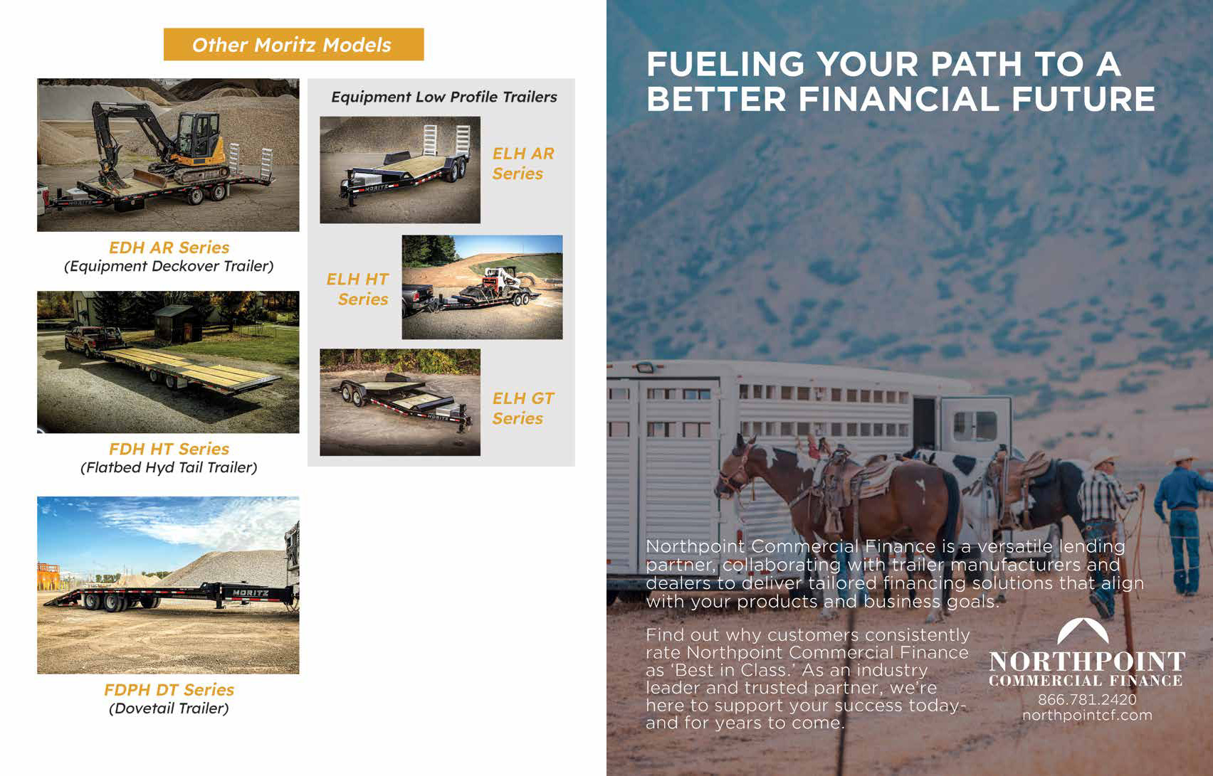 Composite view of Moritz trailer models including EDH AR Series, FDH HT Series, FDPH DT Series, and the ELH AR, HT, and GT variations