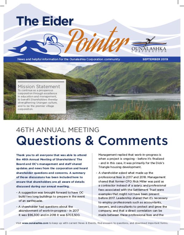 Ounalashka Corp - The Eider Pointer Newsletter_September2019