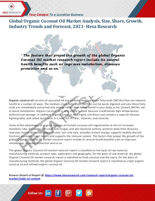 Food and Beverages Industry Report Organic Coconut Oil Market Insights, 2021