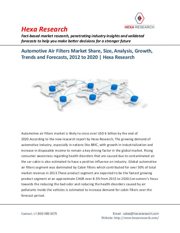 Market Research Reports : Hexa Research Automotive Air Filters Market Report 2012 to 2020