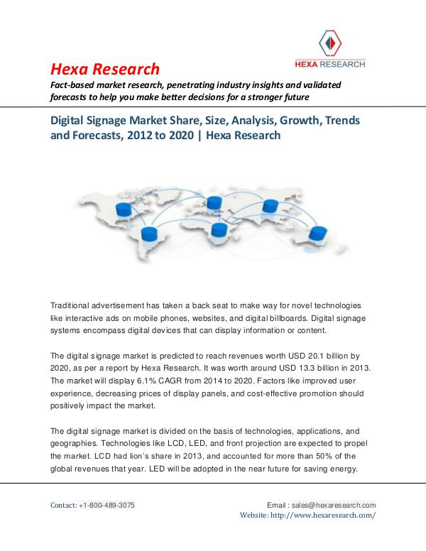 Chemical industry reports Digital Signage Market Report to 2020