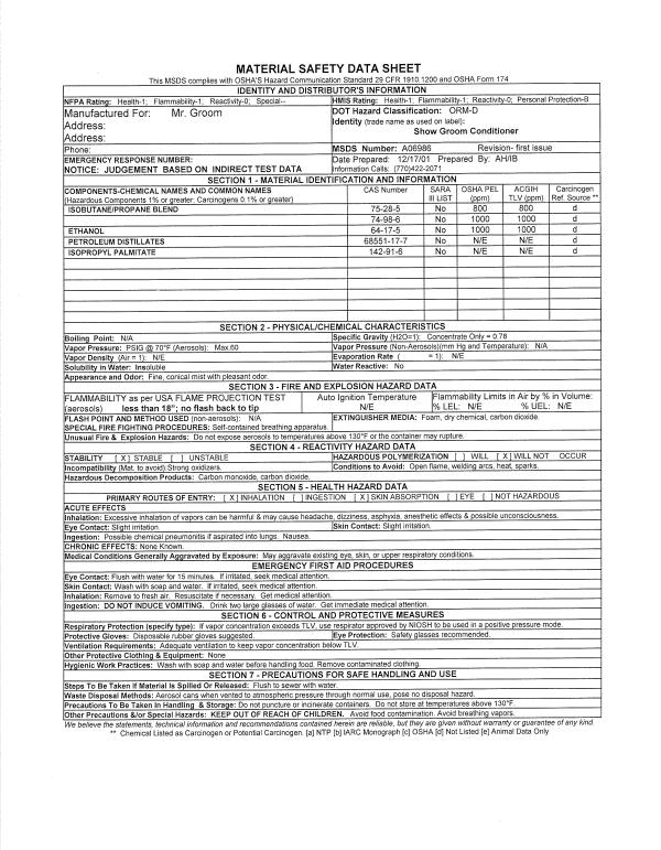 Grooming MSDS 80-5500 - Mr Grm SHOW GROOM CONDITIONER