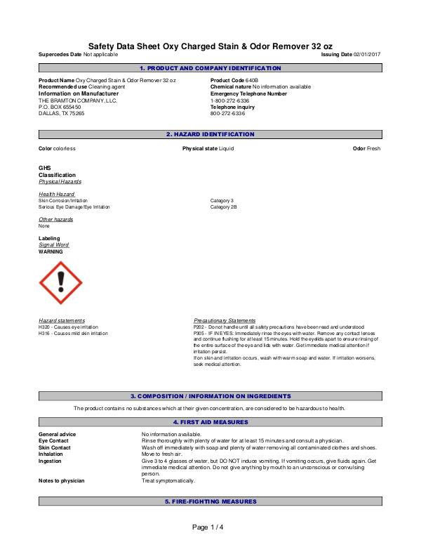 Cleaning & Odour Remover MSDS 51-13426	Simple Solution ORANGE OXY CHARGED STAIN