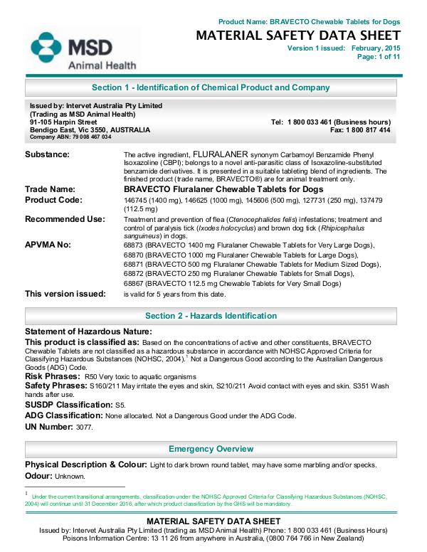 Vet Lines MSDS BRAVECTO Fluralaner Chewable Tablets for Dogs