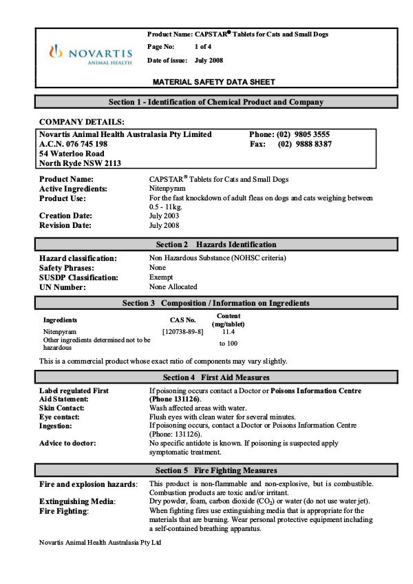 Vet Lines MSDS CAPSTA Tablets for Cats and Small Dogs