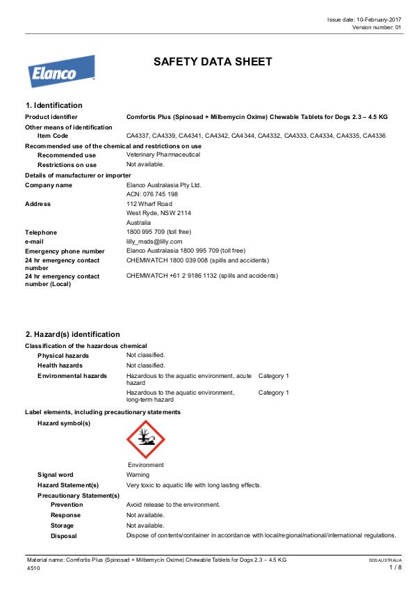 Comfortis Plus 2.3-4.5kg MSDS