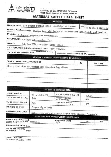 Bio-Groom MSDS 85-24012 - Herbal Groom