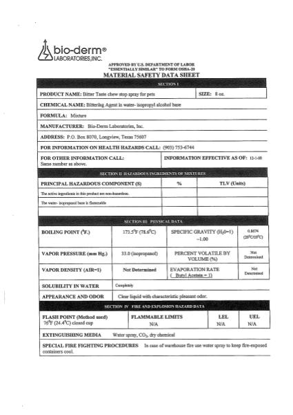 Bio-Groom MSDS 85-52708 - Bitter Taste