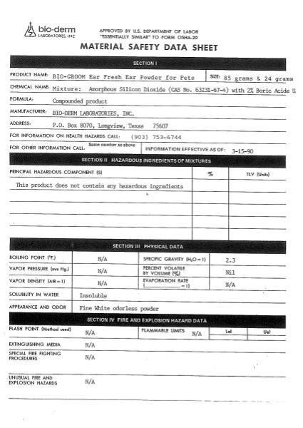 Bio-Groom MSDS 85-51624 - Ear Fresh Powder