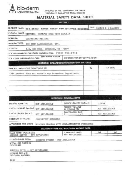 Bio-Groom MSDS 85-21050 - Econo Groom Shampoo