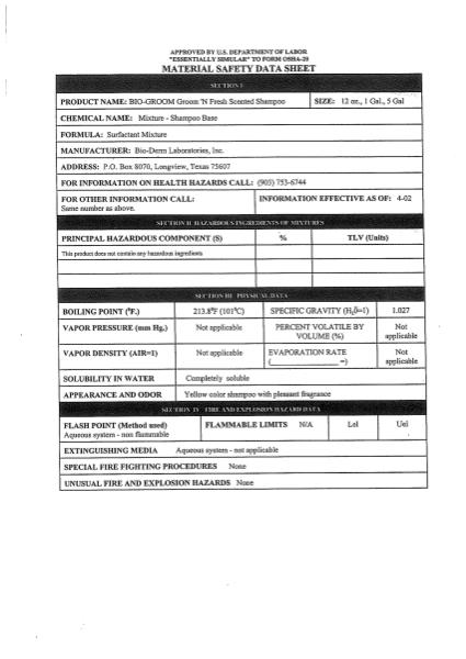 Bio-Groom MSDS 85-29012 - Groom N Fresh Shampoo