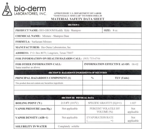 Bio-Groom MSDS 85-26008 - Kuddly Kitty Shampoo