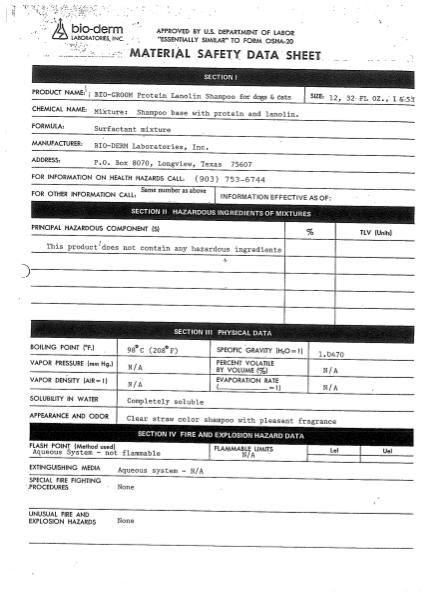 Bio-Groom MSDS 85-20012_20032 - Protein Lanolin Condition Shampoo