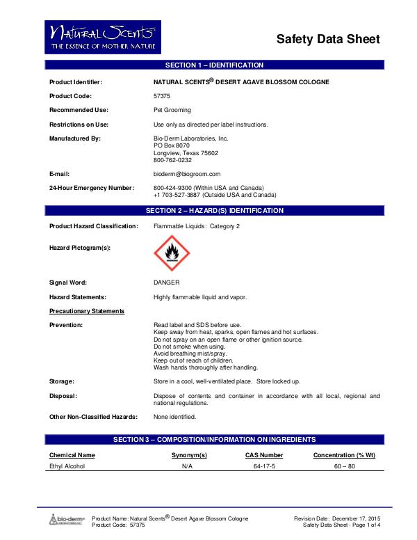 Bio-Groom MSDS 85-57375 - Desert Agave Blossom Cologne