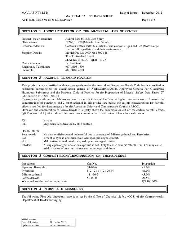 Fido's Grooming MSDS 84-FP1260_1265_1270 - Avitrol Mite & Lice Spray