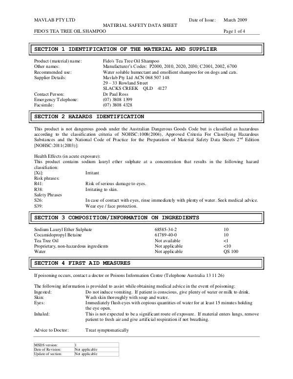 Fido's Grooming MSDS 84-FP2000_2010_2020 - Tea Tree Oil Shampoo