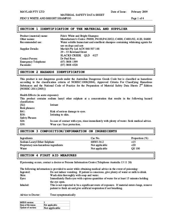 Fido's Grooming MSDS 84-FP4000_4100_4120 - White & Bright Shampoo