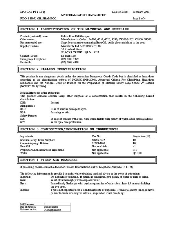 Fido's Grooming MSDS 84-FP4500_4510_4520 - Emu Oil Shampoo