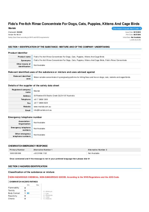 Fido's Grooming MSDS 84-FP5100_5120_5130 - Fre-Itch Rinse Concentrate