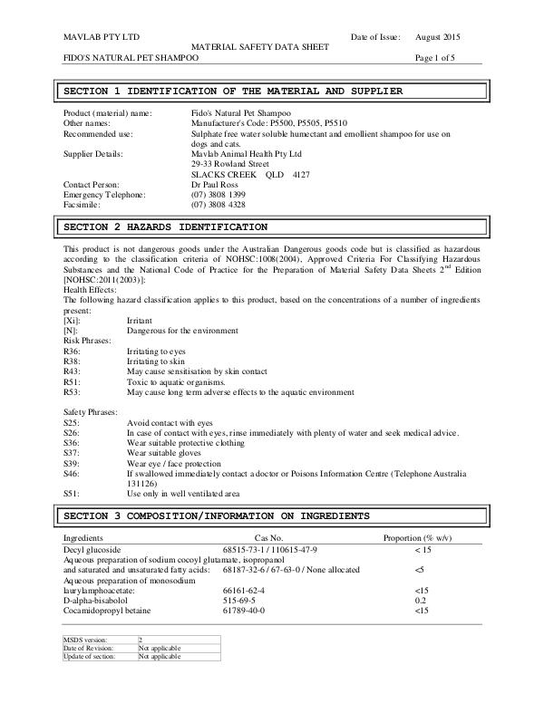 Fido's Grooming MSDS 84-FP5500_5505 - Natural Shampoo