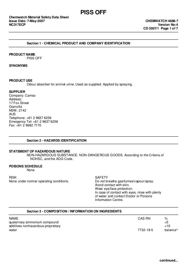 Cleaning & Odour Remover MSDS 50-1565_1570 - Piss Off Odour Eliminator