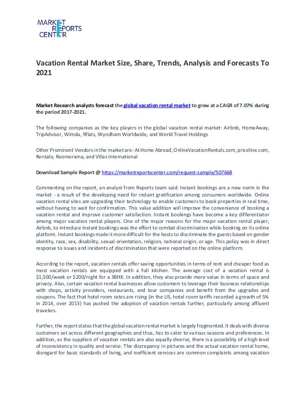 Vacation Rental Market By Trends, Driver, Challenge and Forecasts Vacation Rental Market