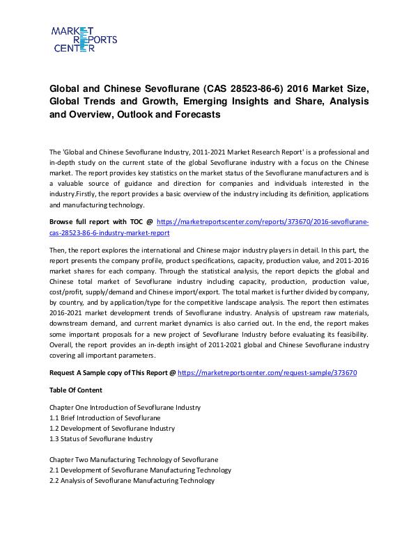 Sevoflurane (CAS 28523-86-6) Market Size, Share, Emerging Trends and Sevoflurane (CAS 28523-86-6) Market Size, Share, E